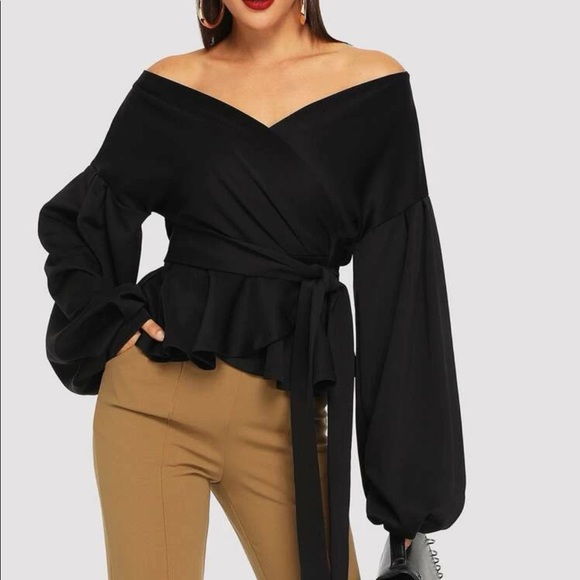 Luxe Off Shoulder Peplum Self Tie Wrap Top Blouse Shirt - Picture 9 of 12